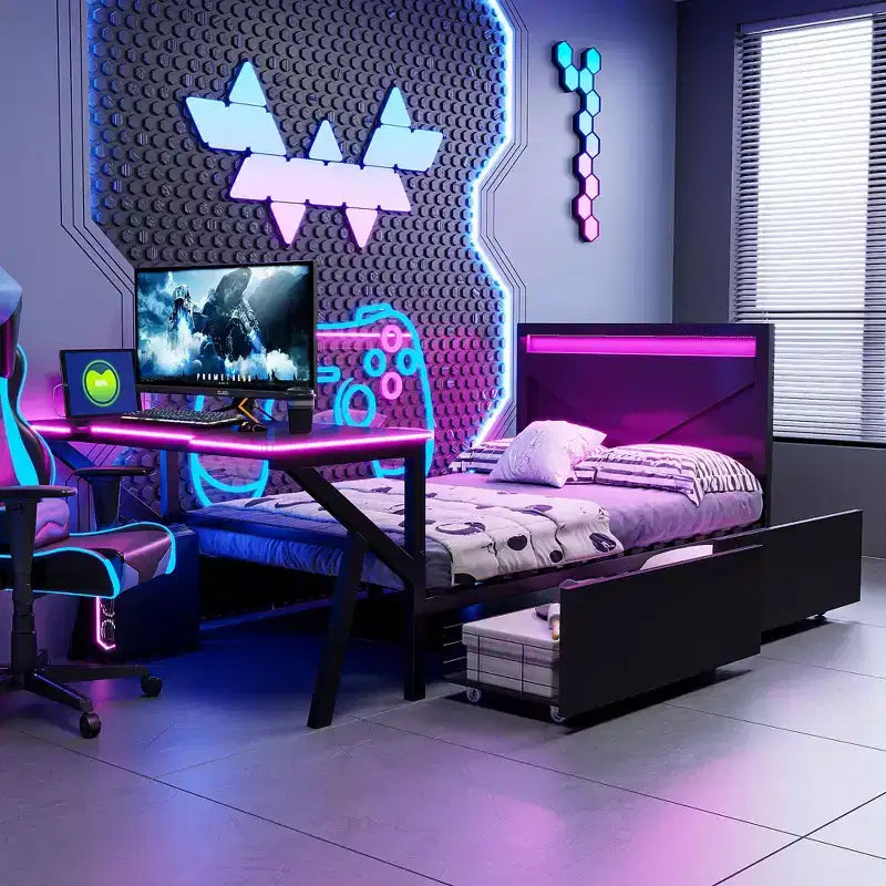 Lit de jeu double/complet avec bureau et tête de lit LED Lit de jeu en métal avec tiroirs de rangement pour enfants et adultes Noir