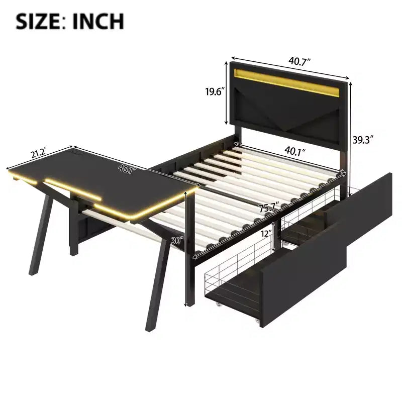 Lit de jeu double/complet avec bureau et tête de lit LED Lit de jeu en métal avec tiroirs de rangement pour enfants et adultes Noir