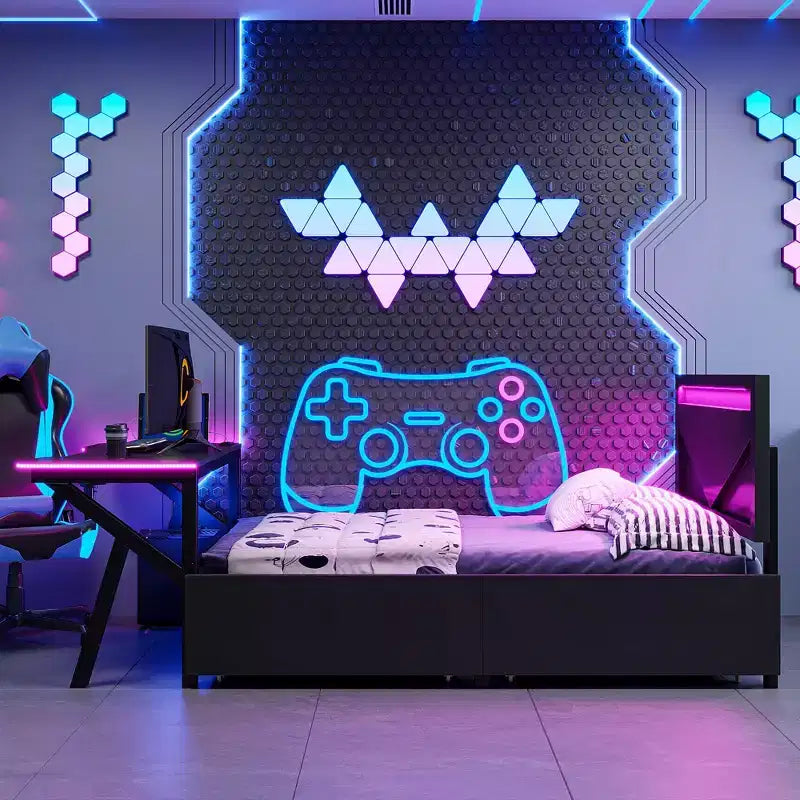 Lit de jeu double/complet avec bureau et tête de lit LED Lit de jeu en métal avec tiroirs de rangement pour enfants et adultes Noir