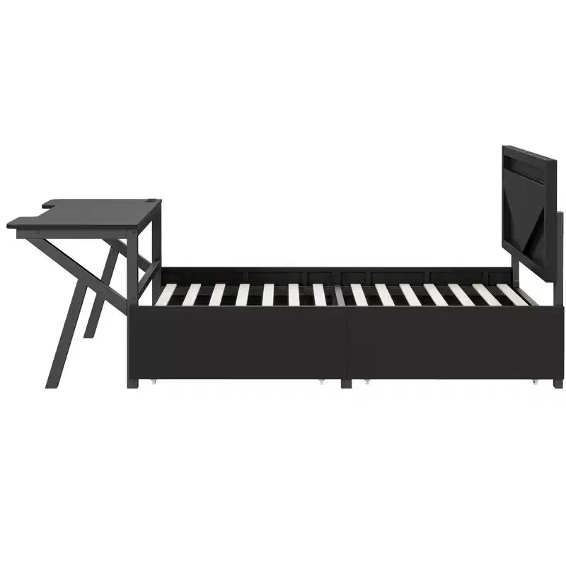 Lit de jeu double/complet avec bureau et tête de lit LED Lit de jeu en métal avec tiroirs de rangement pour enfants et adultes Noir