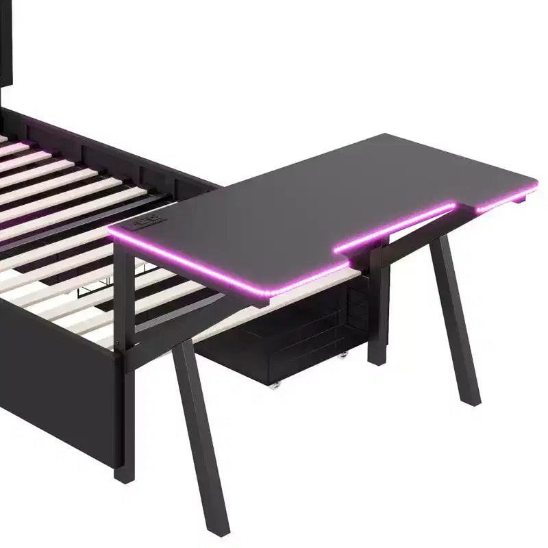 Lit de jeu double/complet avec bureau et tête de lit LED Lit de jeu en métal avec tiroirs de rangement pour enfants et adultes Noir