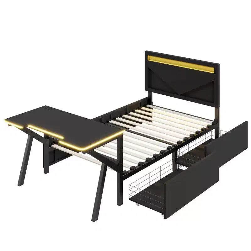 Lit de jeu double/complet avec bureau et tête de lit LED Lit de jeu en métal avec tiroirs de rangement pour enfants et adultes Noir