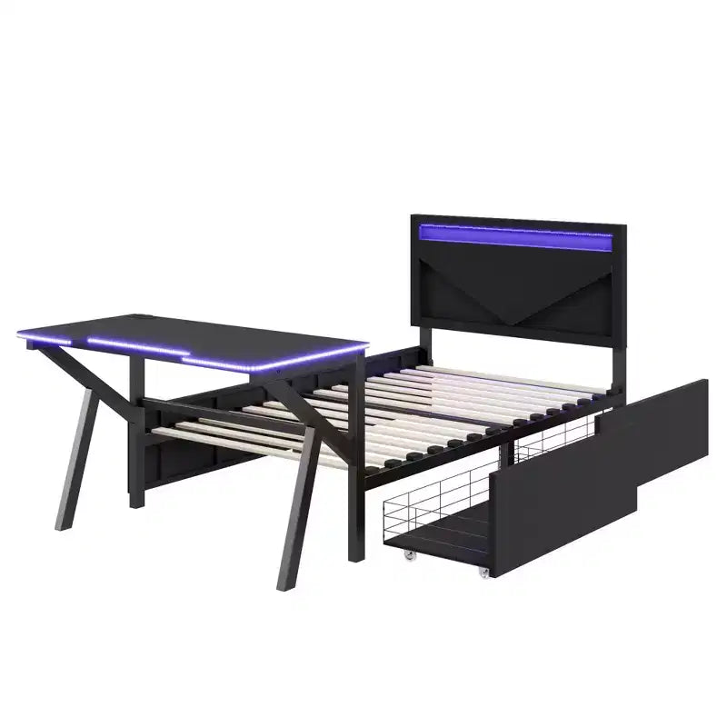 Lit de jeu double/complet avec bureau et tête de lit LED Lit de jeu en métal avec tiroirs de rangement pour enfants et adultes Noir