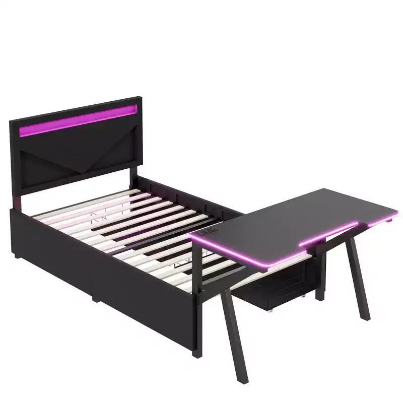 Lit de jeu double/complet avec bureau et tête de lit LED Lit de jeu en métal avec tiroirs de rangement pour enfants et adultes Noir