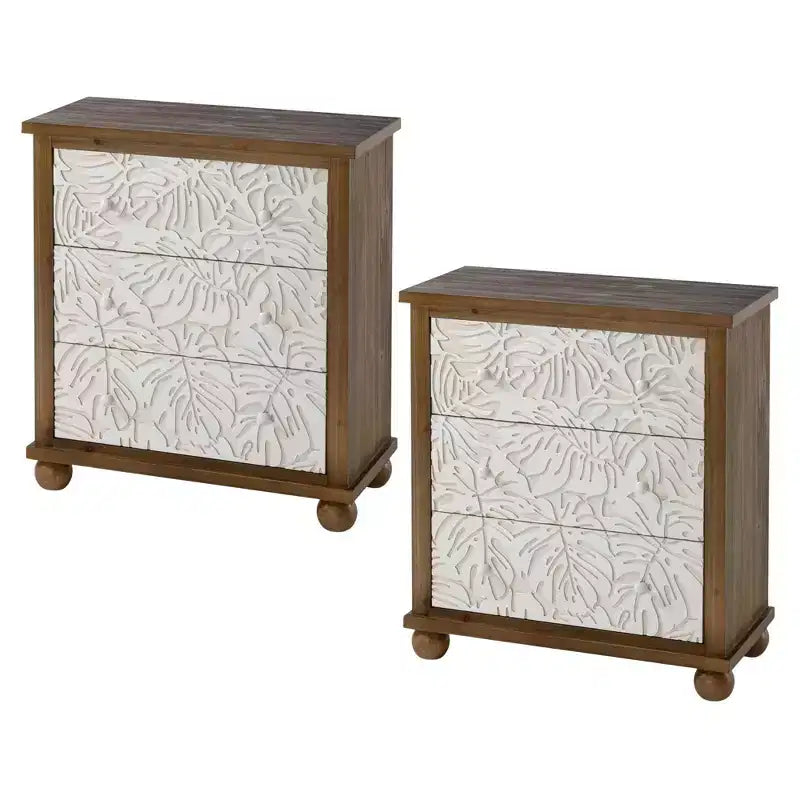 COZAYH Rustic Farmhouse Dresser with Carved Leaves Pattern & 3 Drawers Set of 2