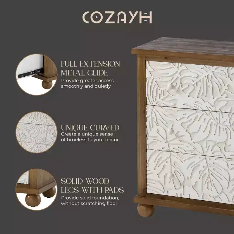 Commode rustique de ferme avec motif de feuilles sculptées et 3 tiroirs (lot de 2)