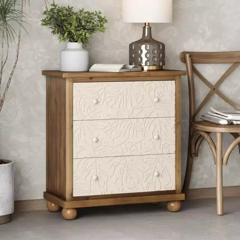 Commode rustique de ferme avec motif de feuilles sculptées et 3 tiroirs (lot de 2)