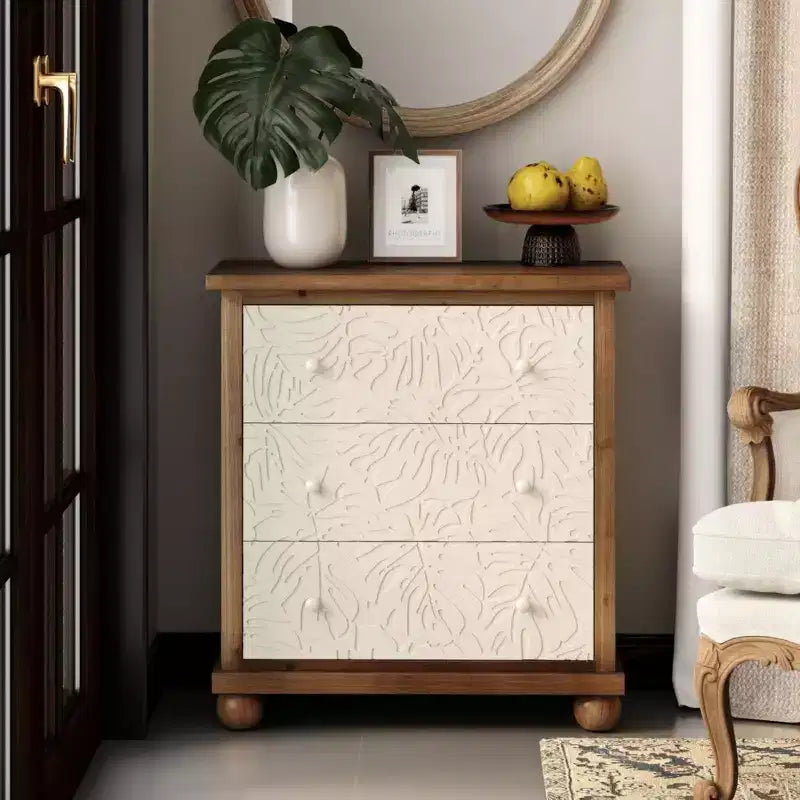Commode rustique de ferme avec motif de feuilles sculptées et 3 tiroirs (lot de 2)
