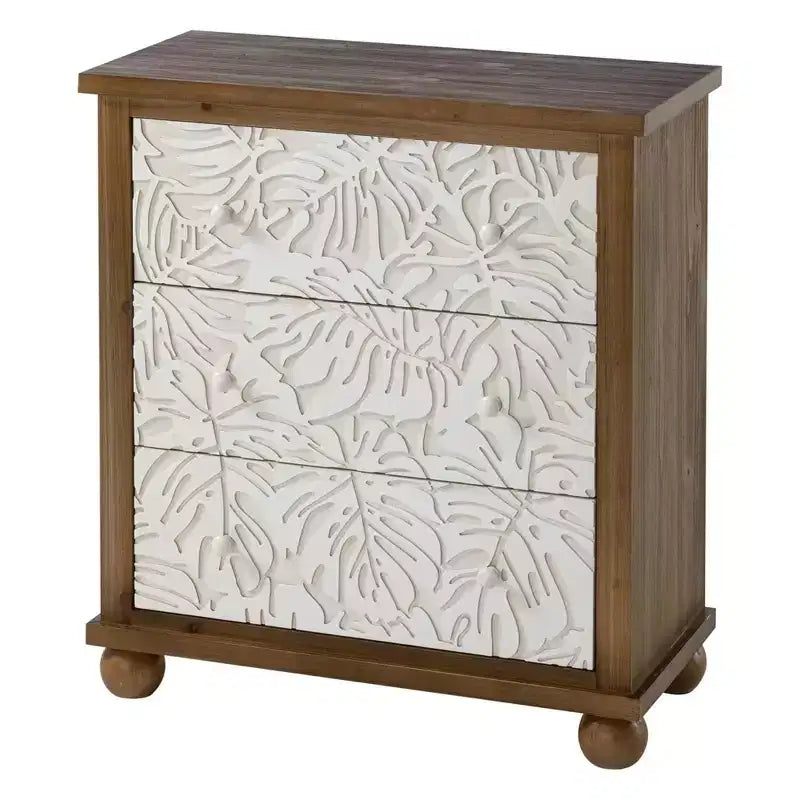 Commode rustique de ferme avec motif de feuilles sculptées et 3 tiroirs (lot de 2)