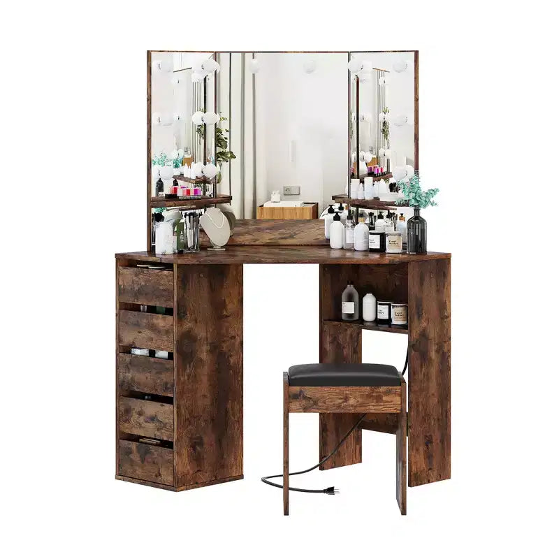 Corner vanity with mirror and lighting featuring 3 adjustable light colors 5 drawers and storage shelves complete with an LED-lit makeup table.