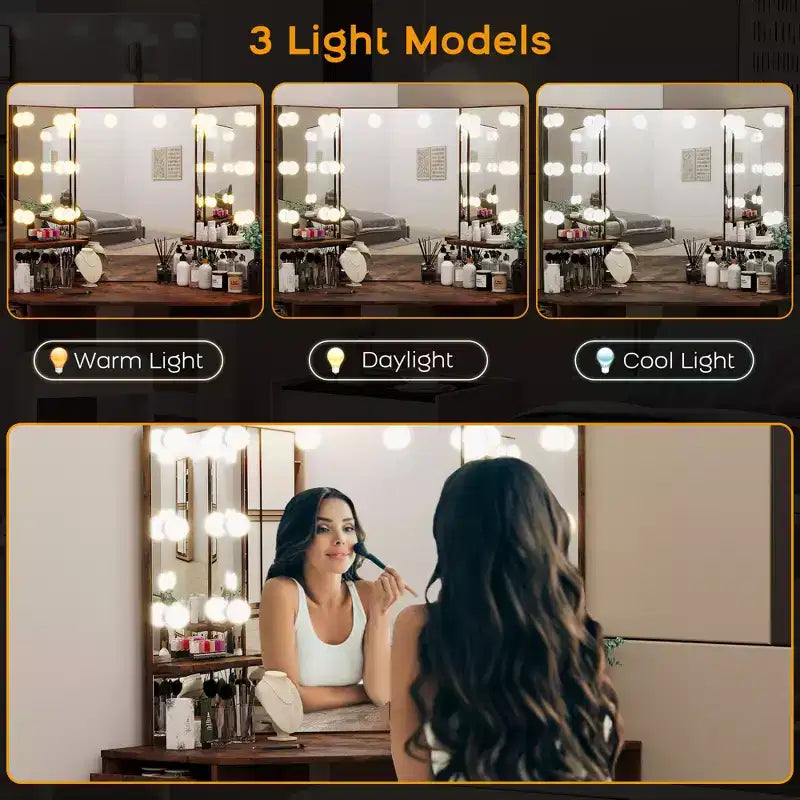 Coiffeuse d'angle avec miroir et éclairage offrant 3 couleurs de lumière réglables, 5 tiroirs et des étagères de rangement, complétée par une table de maquillage éclairée par LED.