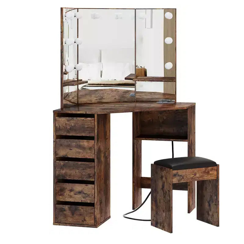 Coiffeuse d'angle avec miroir et éclairage offrant 3 couleurs de lumière réglables, 5 tiroirs et des étagères de rangement, complétée par une table de maquillage éclairée par LED.