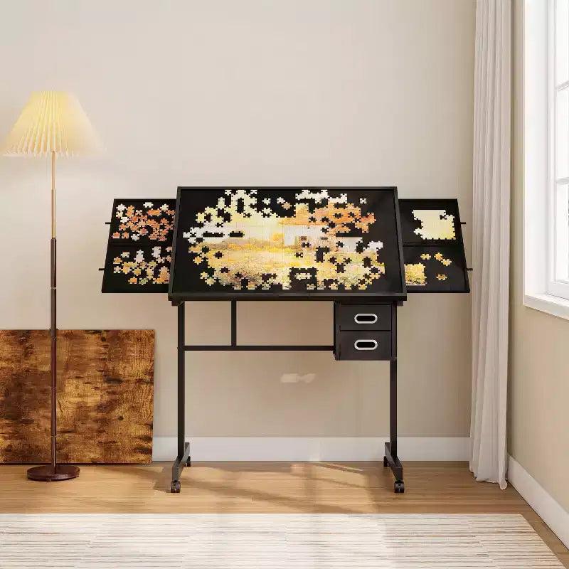 Okak Modern Adjustable Jigsaw Puzzle Drafting Table with Storage & Wheels Metal Board Drafting Desk for Adults & Teens