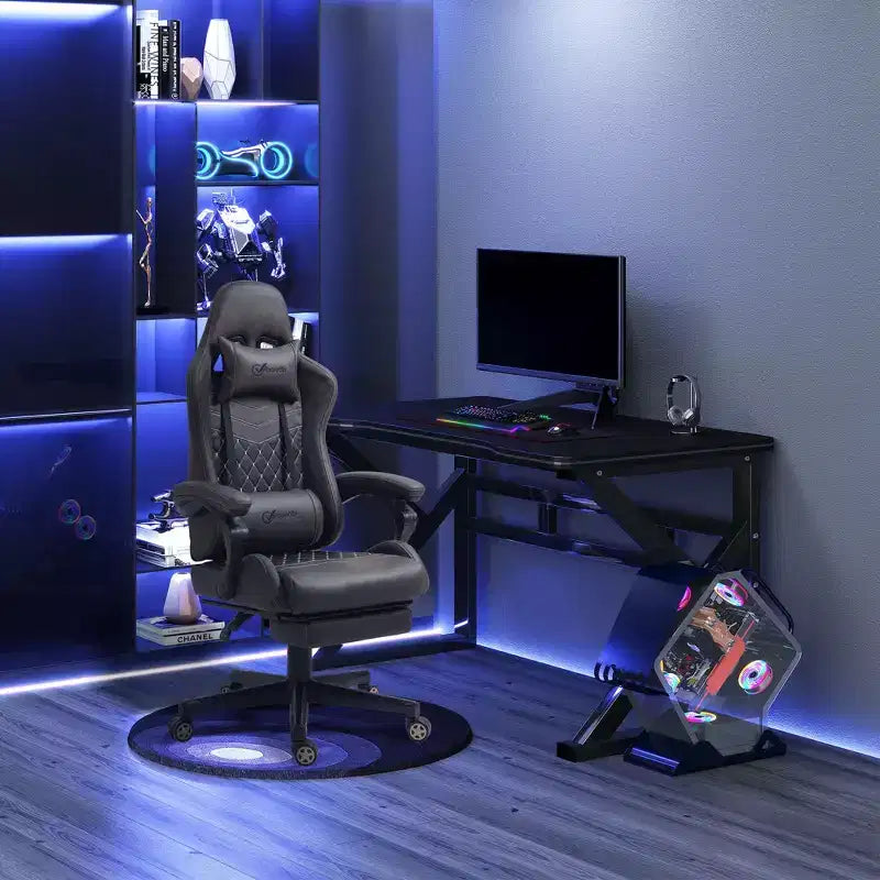 Chaise de bureau gamer en similicuir PU diamant, fauteuil de course inclinable et pivotant, avec repose-pieds, soutien lombaire et hauteur réglable