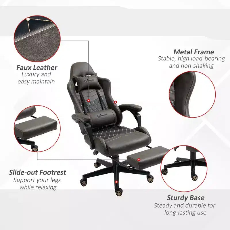 Chaise de bureau gamer en similicuir PU diamant, fauteuil de course inclinable et pivotant, avec repose-pieds, soutien lombaire et hauteur réglable