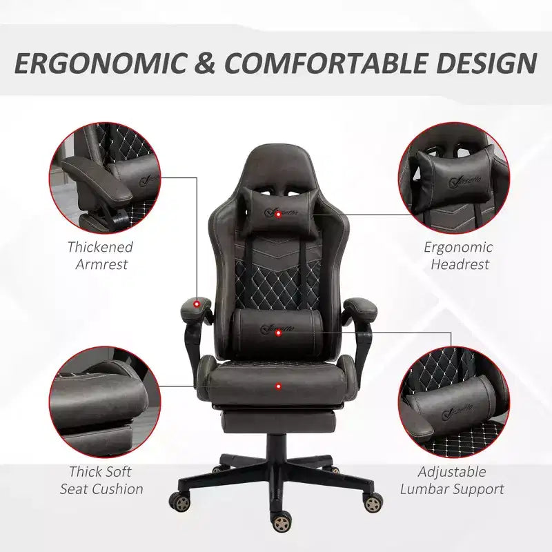 Chaise de bureau gamer en similicuir PU diamant, fauteuil de course inclinable et pivotant, avec repose-pieds, soutien lombaire et hauteur réglable