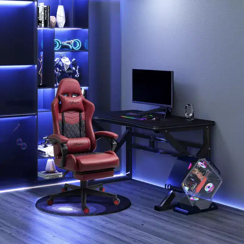Chaise de bureau gamer en similicuir PU diamant, fauteuil de course inclinable et pivotant, avec repose-pieds, soutien lombaire et hauteur réglable