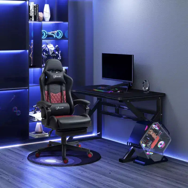 Chaise de bureau gamer en similicuir PU diamant, fauteuil de course inclinable et pivotant, avec repose-pieds, soutien lombaire et hauteur réglable
