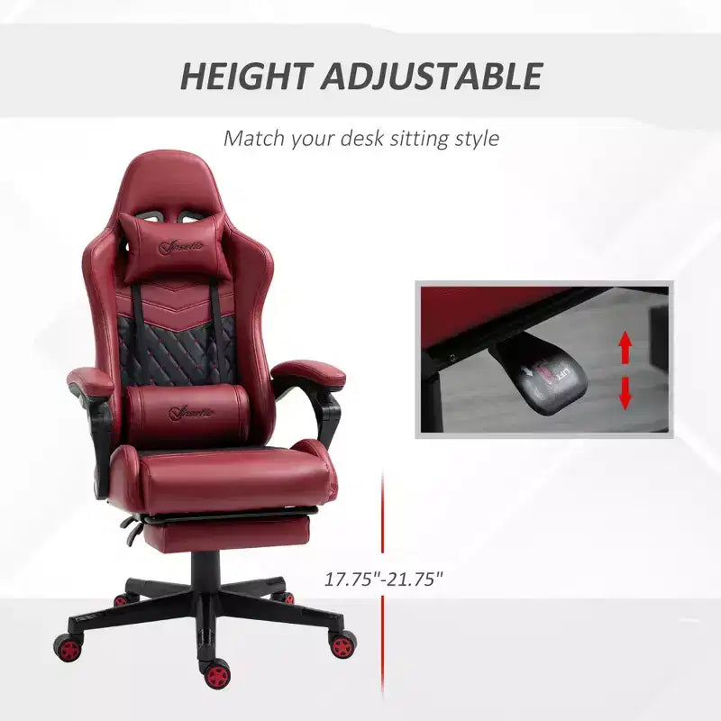 Chaise de bureau gamer en similicuir PU diamant, fauteuil de course inclinable et pivotant, avec repose-pieds, soutien lombaire et hauteur réglable