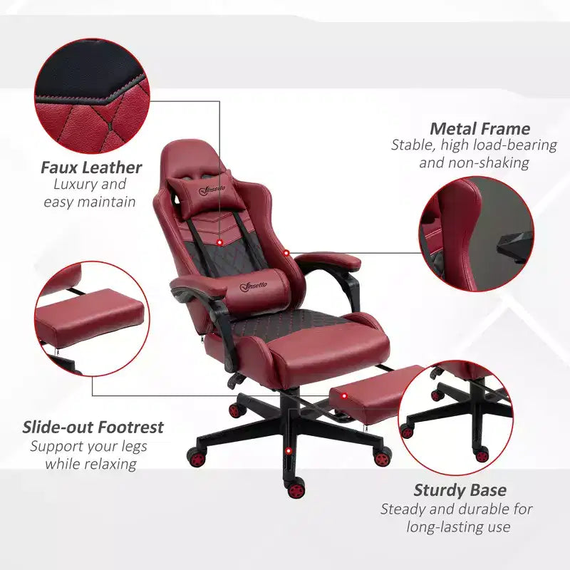 Chaise de bureau gamer en similicuir PU diamant, fauteuil de course inclinable et pivotant, avec repose-pieds, soutien lombaire et hauteur réglable