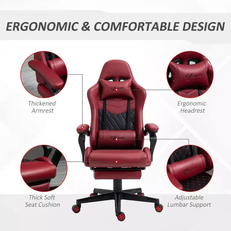 Chaise de bureau gamer en similicuir PU diamant, fauteuil de course inclinable et pivotant, avec repose-pieds, soutien lombaire et hauteur réglable