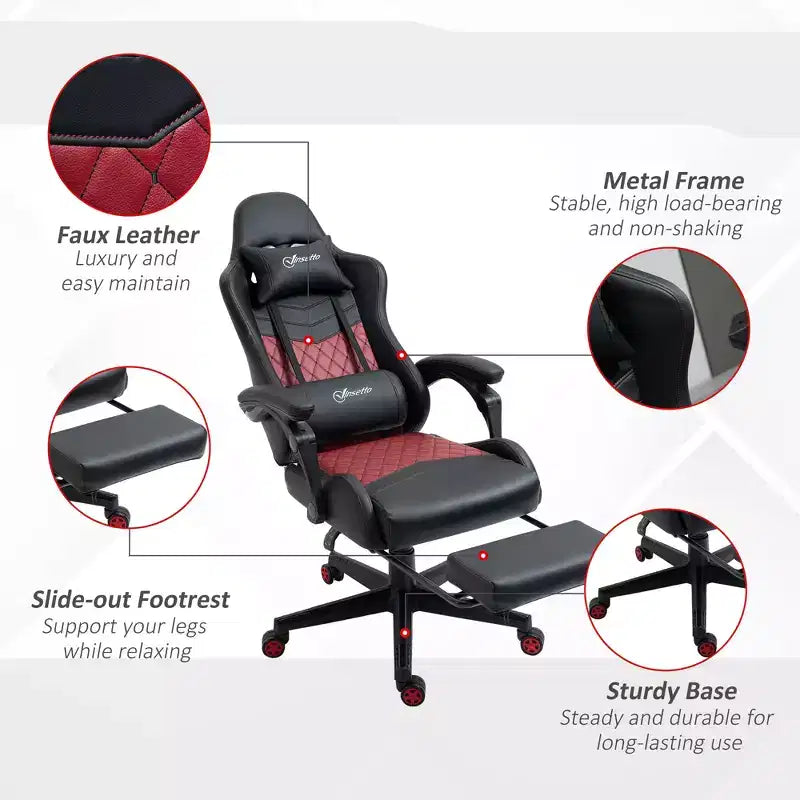 Chaise de bureau gamer en similicuir PU diamant, fauteuil de course inclinable et pivotant, avec repose-pieds, soutien lombaire et hauteur réglable