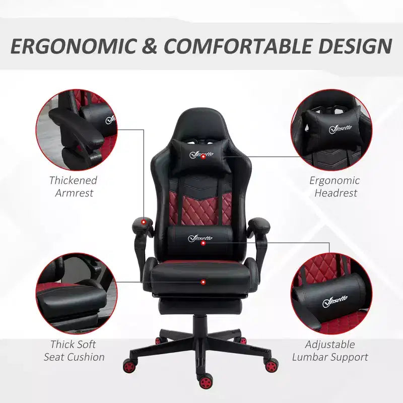 Chaise de bureau gamer en similicuir PU diamant, fauteuil de course inclinable et pivotant, avec repose-pieds, soutien lombaire et hauteur réglable