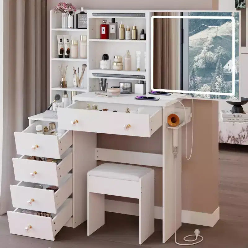 Grande coiffeuse de 37 pouces avec tabouret rembourré et support pour sèche-cheveux, coiffeuse de maquillage avec station de charge et interrupteur à 3 couleurs
