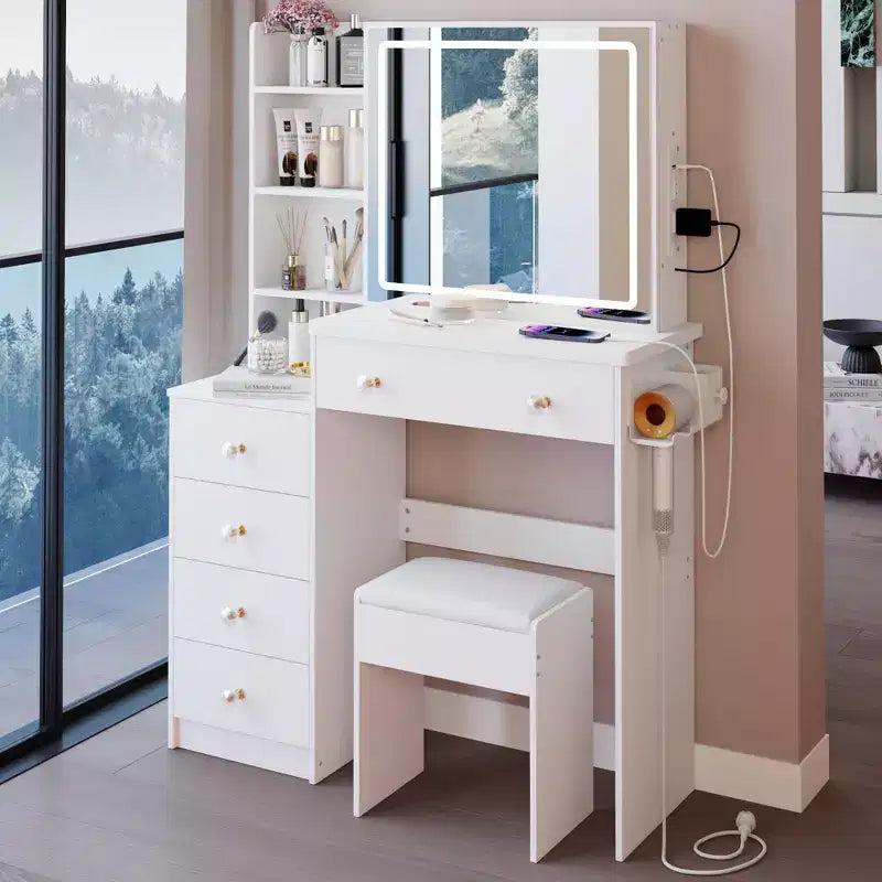 Grande coiffeuse de 37 pouces avec tabouret rembourré et support pour sèche-cheveux, coiffeuse de maquillage avec station de charge et interrupteur à 3 couleurs