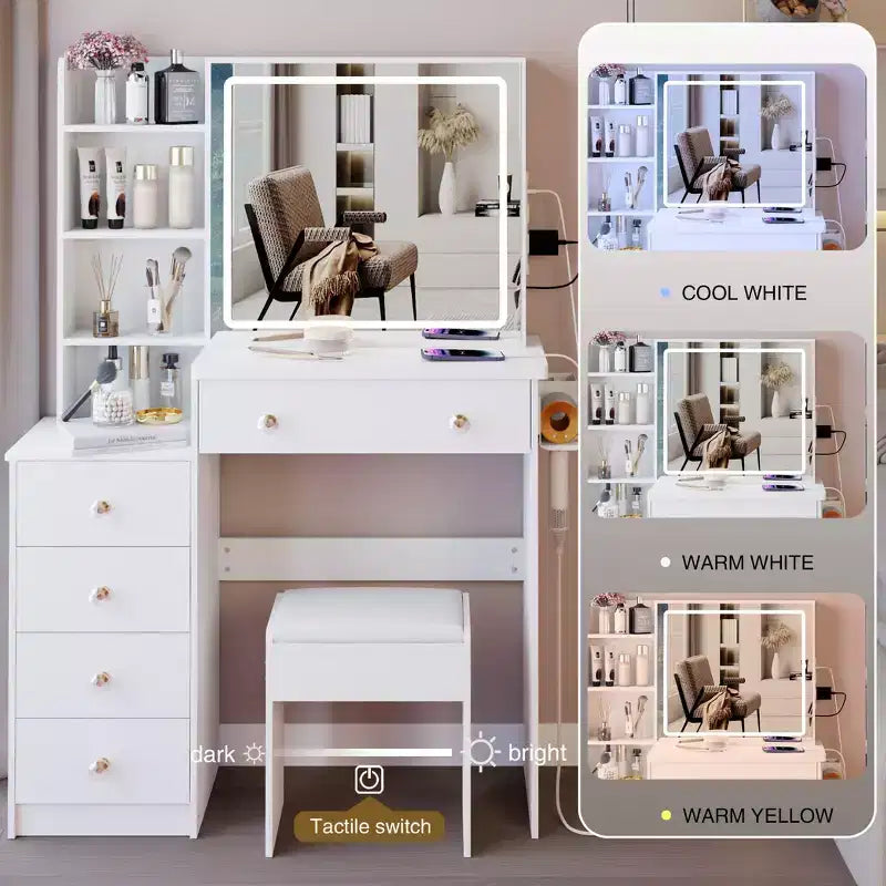 Grande coiffeuse de 37 pouces avec tabouret rembourré et support pour sèche-cheveux, coiffeuse de maquillage avec station de charge et interrupteur à 3 couleurs