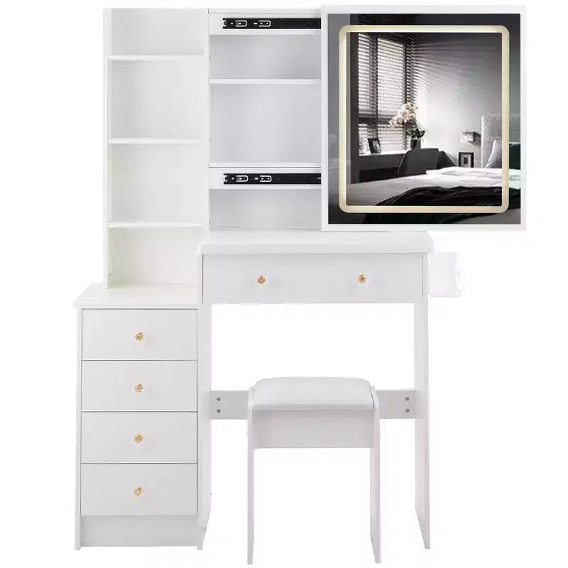 Grande coiffeuse de 37 pouces avec tabouret rembourré et support pour sèche-cheveux, coiffeuse de maquillage avec station de charge et interrupteur à 3 couleurs