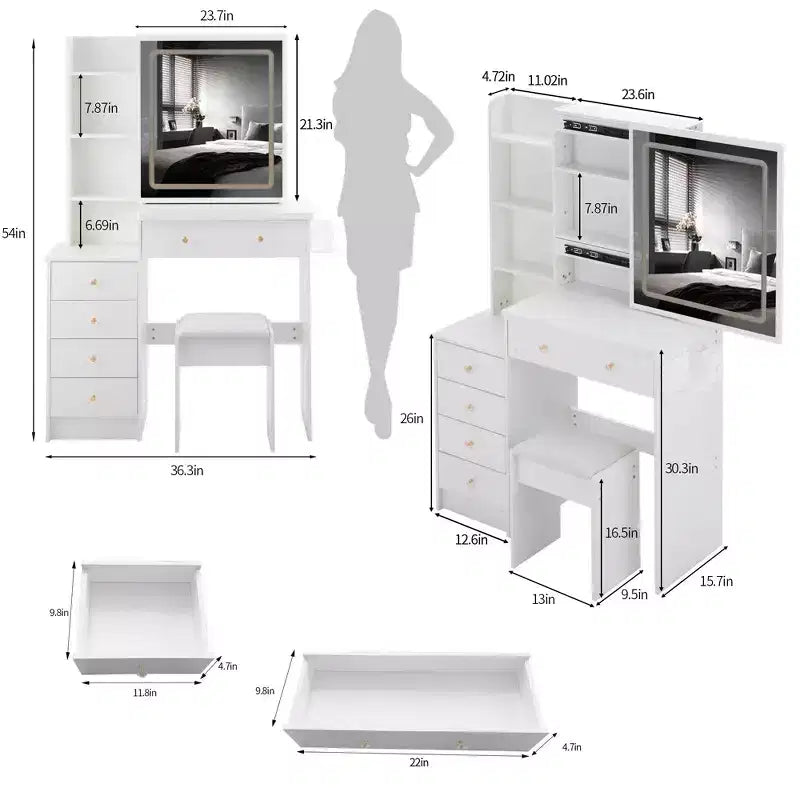 Grande coiffeuse de 37 pouces avec tabouret rembourré et support pour sèche-cheveux, coiffeuse de maquillage avec station de charge et interrupteur à 3 couleurs