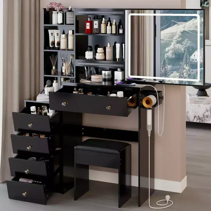 Grande coiffeuse de 37 pouces avec tabouret rembourré et support pour sèche-cheveux, coiffeuse de maquillage avec station de charge et interrupteur à 3 couleurs