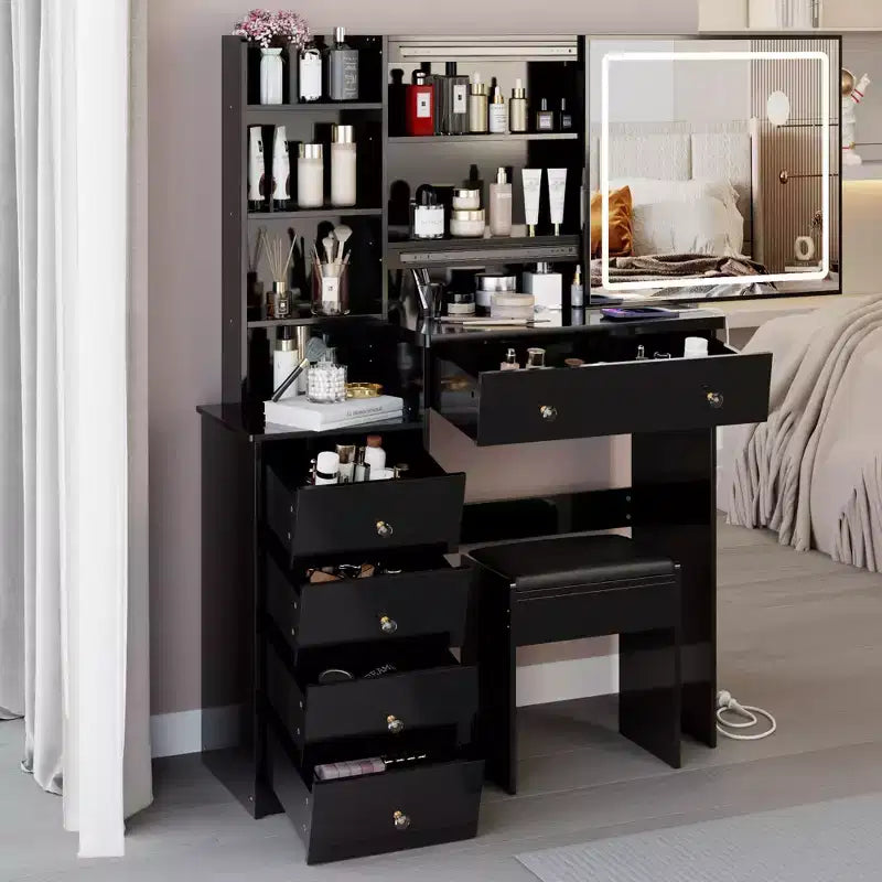 Grande coiffeuse de 37 pouces avec tabouret rembourré et support pour sèche-cheveux, coiffeuse de maquillage avec station de charge et interrupteur à 3 couleurs