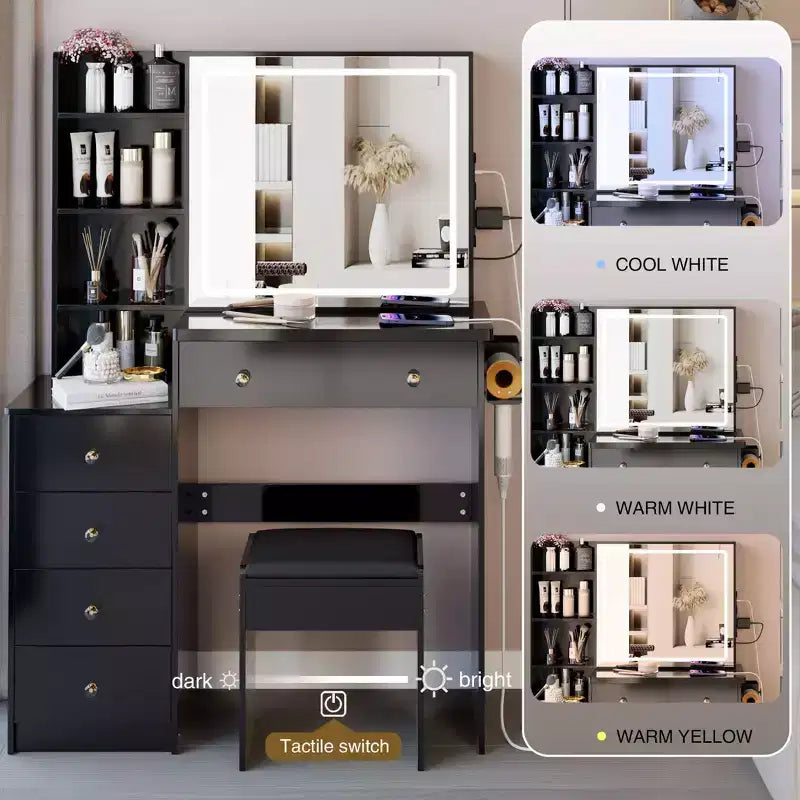 Grande coiffeuse de 37 pouces avec tabouret rembourré et support pour sèche-cheveux, coiffeuse de maquillage avec station de charge et interrupteur à 3 couleurs