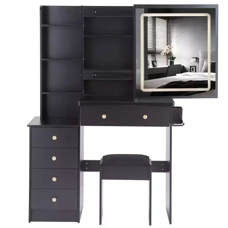 Grande coiffeuse de 37 pouces avec tabouret rembourré et support pour sèche-cheveux, coiffeuse de maquillage avec station de charge et interrupteur à 3 couleurs