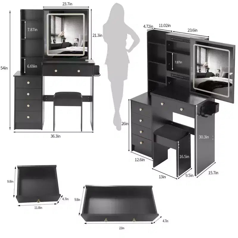 Grande coiffeuse de 37 pouces avec tabouret rembourré et support pour sèche-cheveux, coiffeuse de maquillage avec station de charge et interrupteur à 3 couleurs