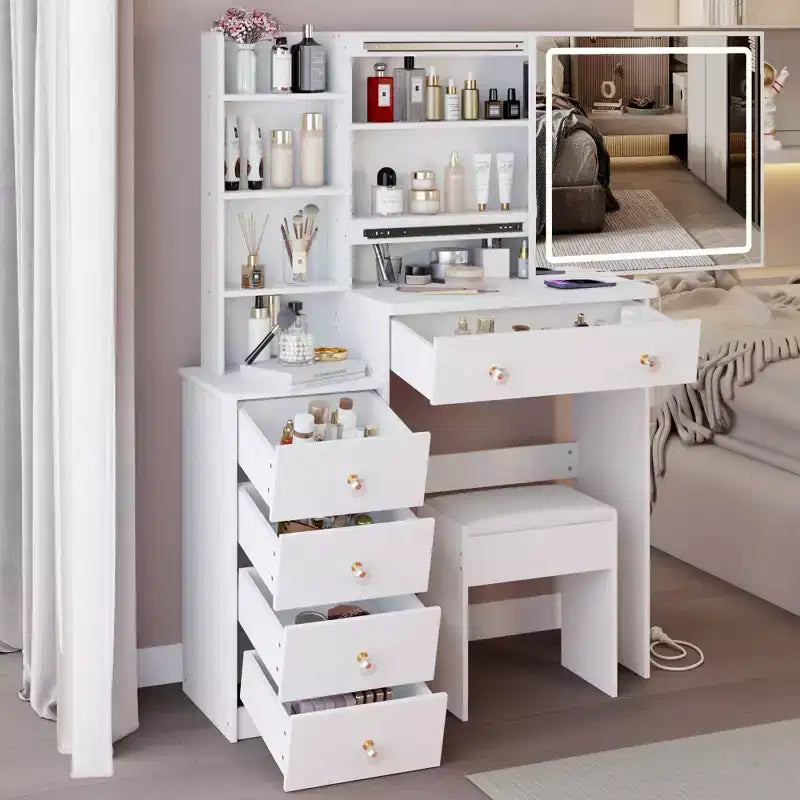 Grande coiffeuse de 37 pouces avec tabouret rembourré et support pour sèche-cheveux, coiffeuse de maquillage avec station de charge et interrupteur à 3 couleurs