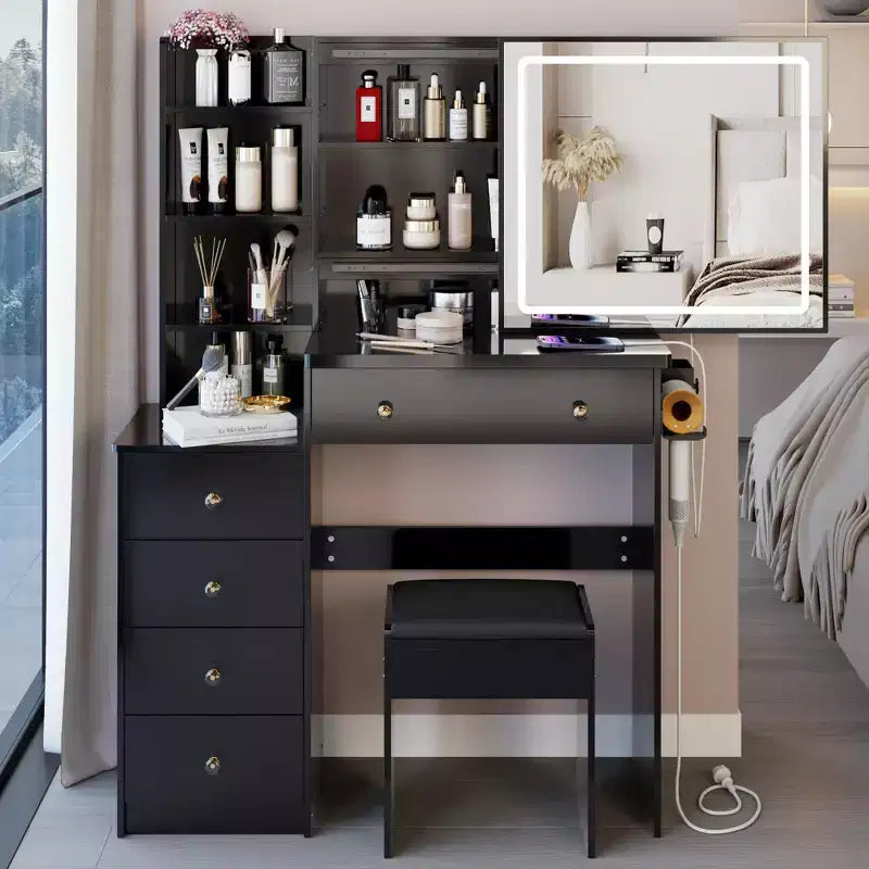 Grande coiffeuse de 37 pouces avec tabouret rembourré et support pour sèche-cheveux, coiffeuse de maquillage avec station de charge et interrupteur à 3 couleurs