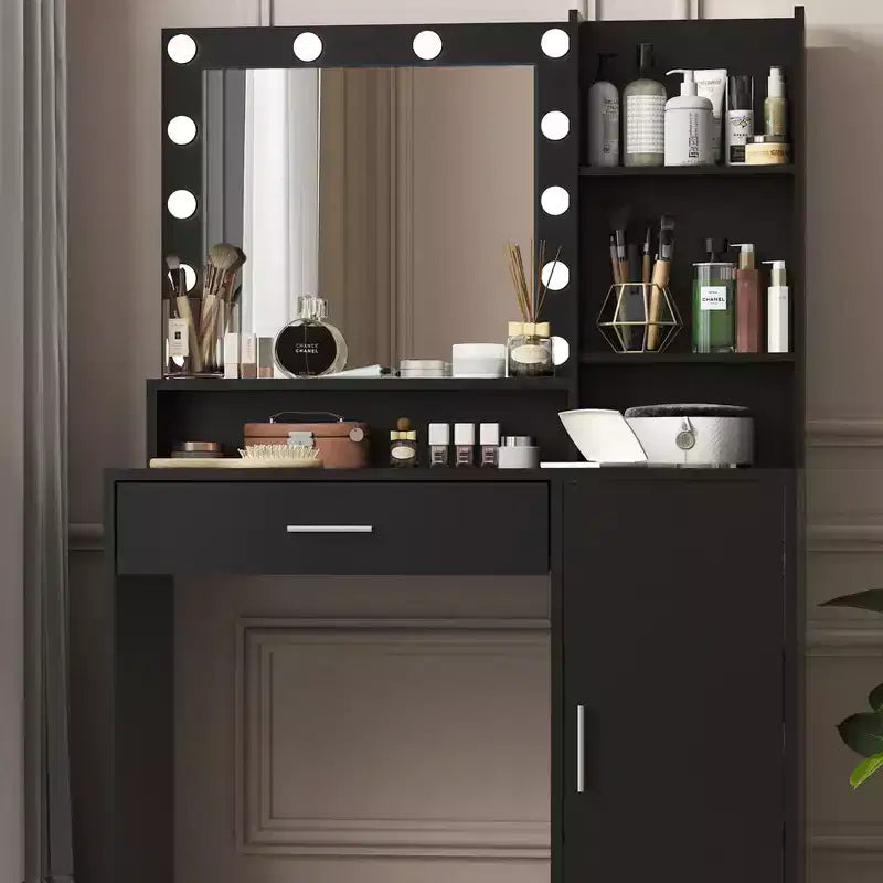Coiffeuse avec miroir Coiffeuse avec trois niveaux d'étagères de rangement, 1 tiroir et 1 porte d'armoire, meuble de maquillage pour salle de maquillage