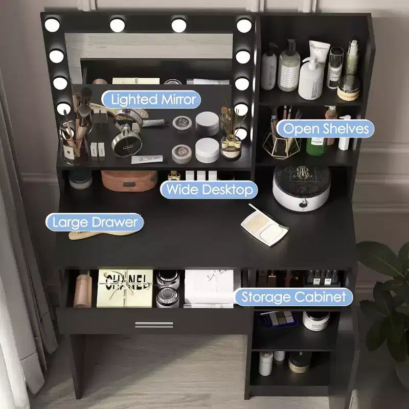 Coiffeuse avec miroir Coiffeuse avec trois niveaux d'étagères de rangement, 1 tiroir et 1 porte d'armoire, meuble de maquillage pour salle de maquillage