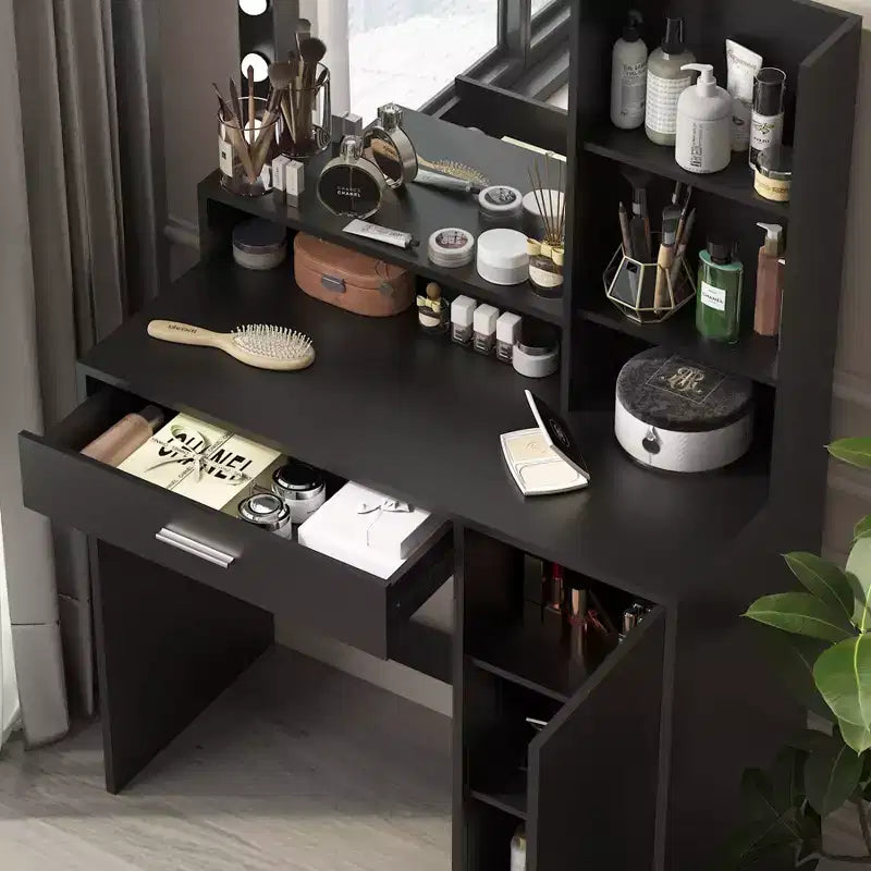Coiffeuse avec miroir Coiffeuse avec trois niveaux d'étagères de rangement, 1 tiroir et 1 porte d'armoire, meuble de maquillage pour salle de maquillage