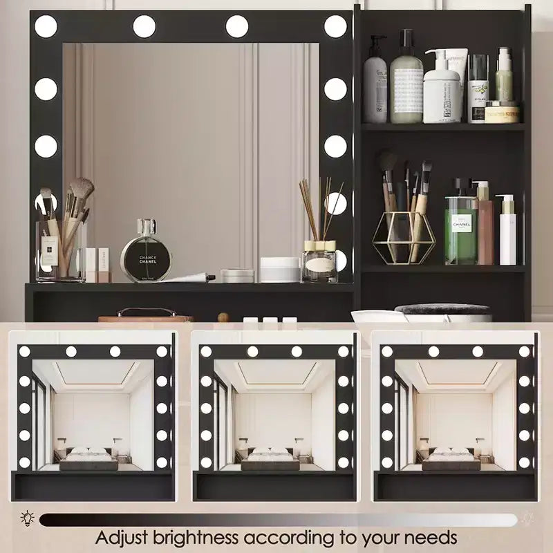 Coiffeuse avec miroir Coiffeuse avec trois niveaux d'étagères de rangement, 1 tiroir et 1 porte d'armoire, meuble de maquillage pour salle de maquillage