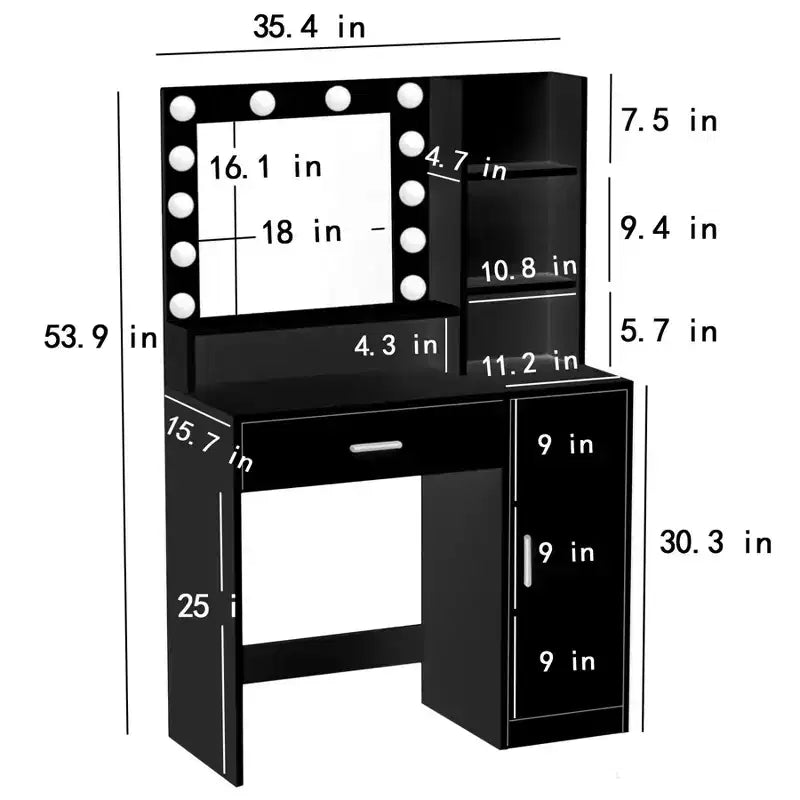 Coiffeuse avec miroir Coiffeuse avec trois niveaux d'étagères de rangement, 1 tiroir et 1 porte d'armoire, meuble de maquillage pour salle de maquillage
