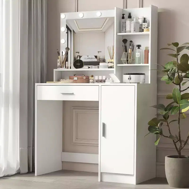 Coiffeuse avec miroir Coiffeuse avec trois niveaux d'étagères de rangement, 1 tiroir et 1 porte d'armoire, meuble de maquillage pour salle de maquillage