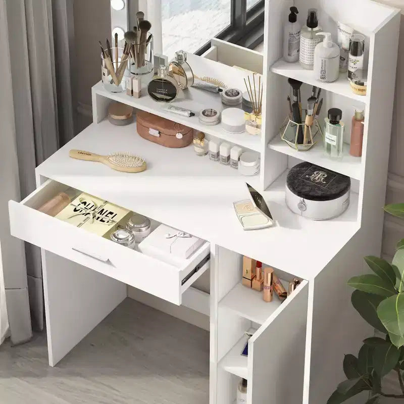 Coiffeuse avec miroir Coiffeuse avec trois niveaux d'étagères de rangement, 1 tiroir et 1 porte d'armoire, meuble de maquillage pour salle de maquillage