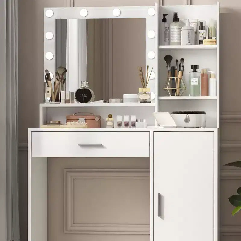 Coiffeuse avec miroir Coiffeuse avec trois niveaux d'étagères de rangement, 1 tiroir et 1 porte d'armoire, meuble de maquillage pour salle de maquillage