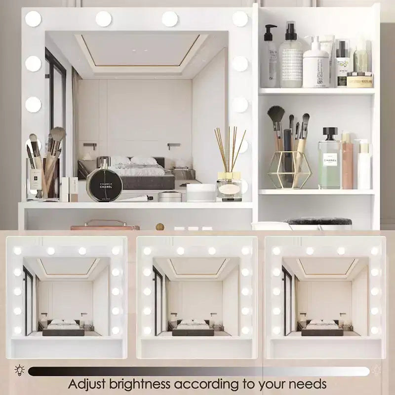 Coiffeuse avec miroir Coiffeuse avec trois niveaux d'étagères de rangement, 1 tiroir et 1 porte d'armoire, meuble de maquillage pour salle de maquillage