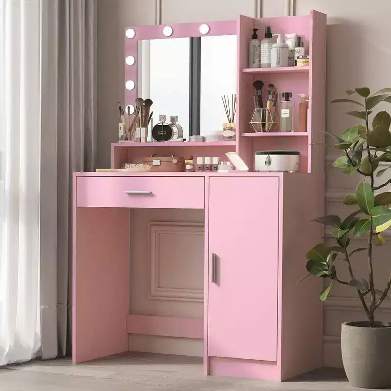 Coiffeuse avec miroir Coiffeuse avec trois niveaux d'étagères de rangement, 1 tiroir et 1 porte d'armoire, meuble de maquillage pour salle de maquillage