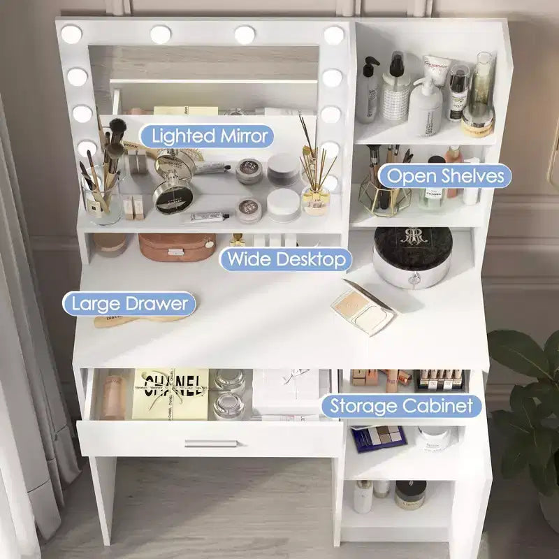 Coiffeuse avec miroir Coiffeuse avec trois niveaux d'étagères de rangement, 1 tiroir et 1 porte d'armoire, meuble de maquillage pour salle de maquillage